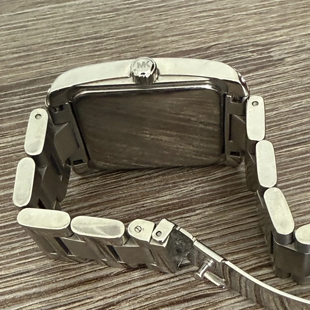 Michael Kors Pink and Silver Stainless Steel Rectangular Bracelet Watch